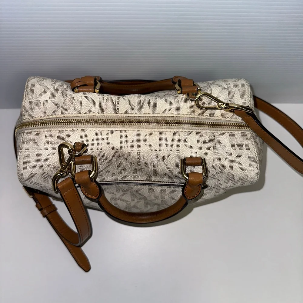 Michael Kors Monogram Kirby Satchel Bag Beige/Brown Vanilla/Acorn MK Logo Purse